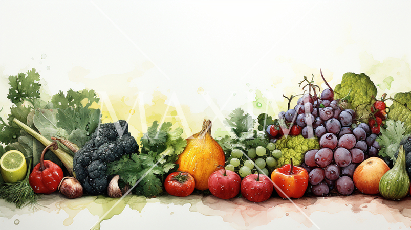色とりどりの野菜と果物の背景画像：水彩画