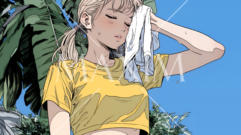 汗を拭っている若い女性