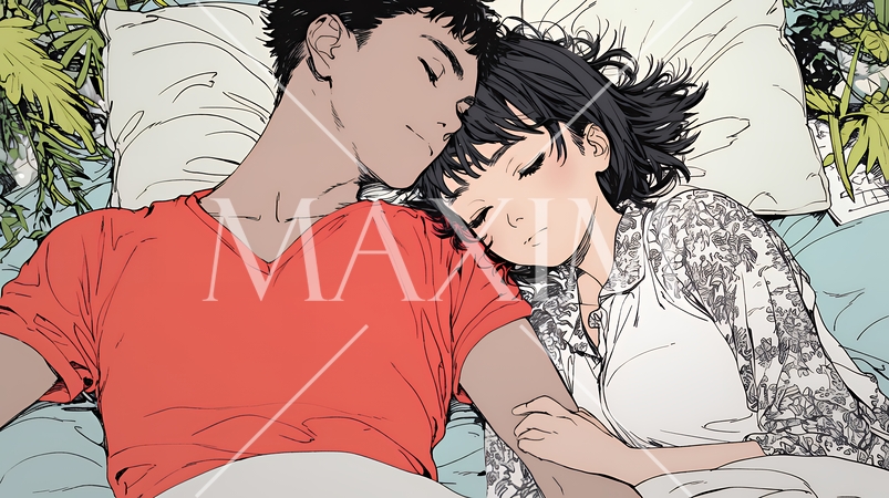 寄り添いながら穏やかに眠る若いカップル