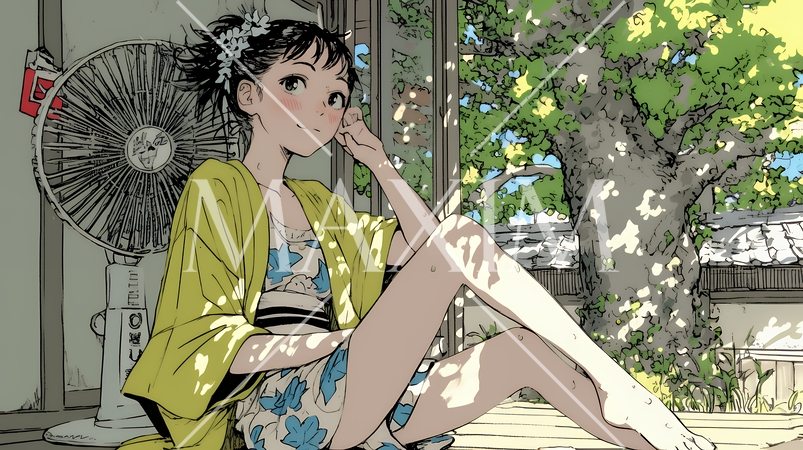 暑い夏の昼下がり、扇風機にあたって涼んでいる若い女性