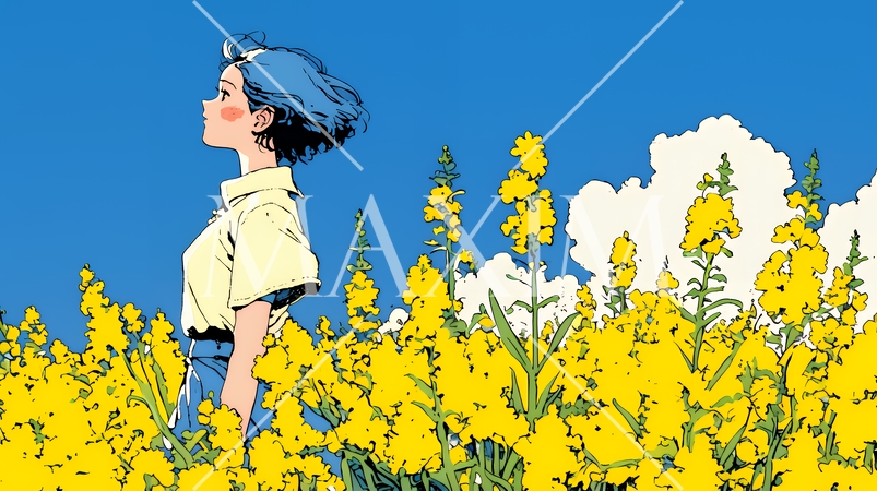 菜の花畑にいる若い女性