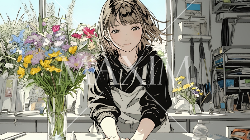 おもてなし（優しい心遣い）：来客のために花瓶に花を生ける若い女性