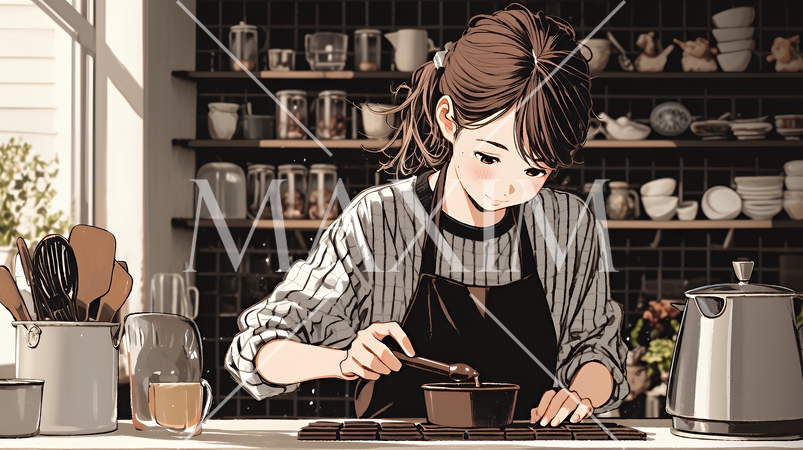 バレンタインプレゼント用のチョコレートを一生懸命作っている若い女性