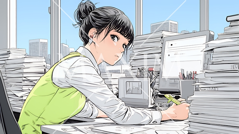 オフィスのデスクで、入念に書類をチェックする女性