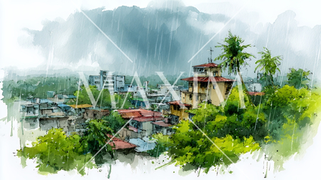 梅雨の沖縄風景｜南国の海と街並みを描いた水彩イラスト・雨季の観光イメージ | 3019480-17751