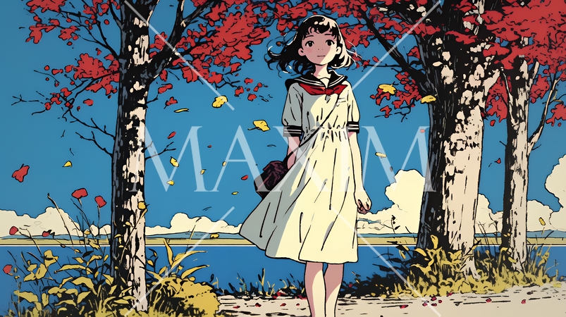 紅葉の小径を歩く少女