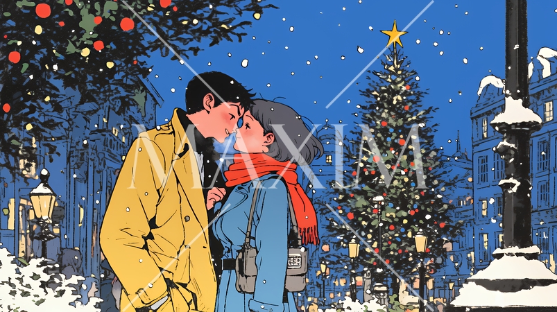 クリスマスイルミネーションの街でデートしているカップル