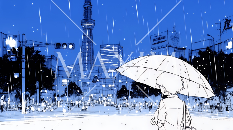 雨の中を歩く女性（シンプルな色使い）