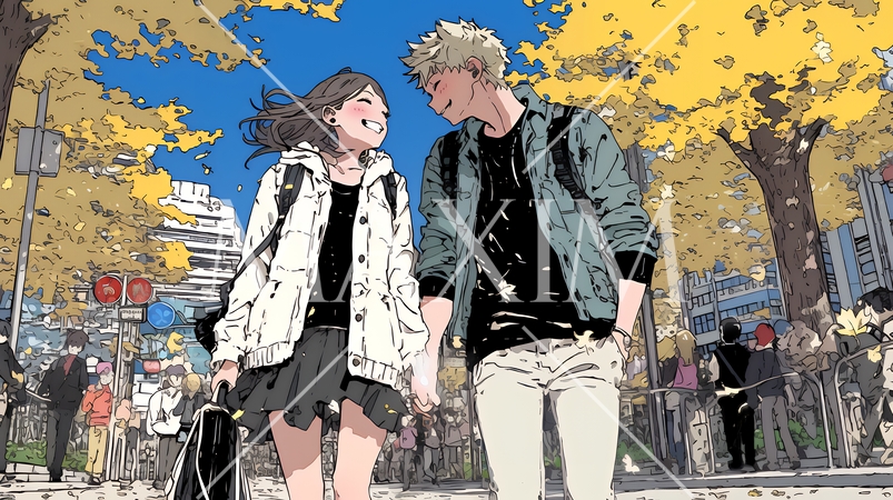 ボーイフレンドと紅葉の道をデートする若い女性