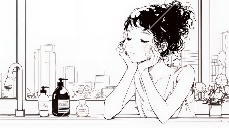 洗面所で朝の洗顔をする女性（シンプルな色使い）