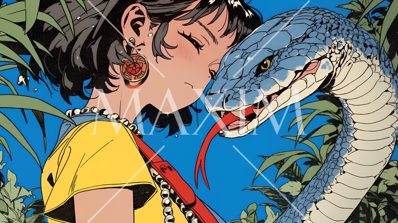 年賀状用：ヘビとなかよしの若い女性