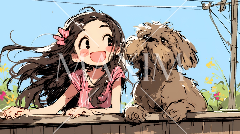 愛犬と散歩をしている女の子（クレヨン＋水彩画風）