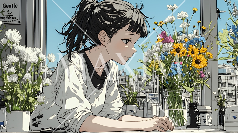 おもてなし（優しい心遣い）：来客のために花瓶に花を生ける若い女性