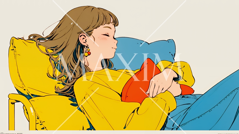 ソファでクッションを抱えてくつろぐ若い女性