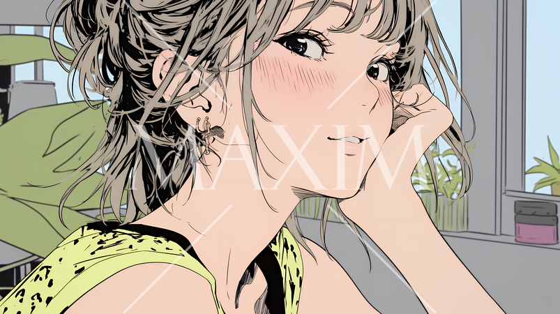 頬を赤らめて、照れ笑いする若い女性