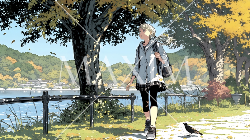 水辺の紅葉の小径を散策している若い女性