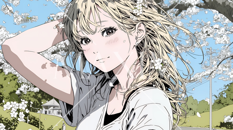 満開の桜の下、春風に乱れた髪を整える若い女性