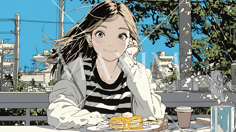 早朝のダイナー（喫茶店）でパンケーキ（モーニングセット）を食べる若い女性