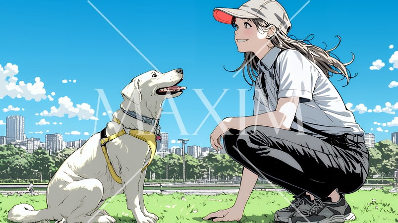 愛犬を調教している若い女性