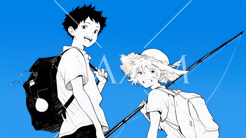 夏休みの思い出：仲間と近所に海釣り（シンプルな色使い）