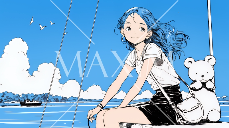 夏休みの思い出：海辺の町への一人旅（シンプルな色使い）