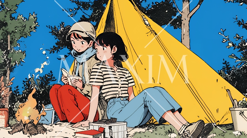 女友達と一緒にテントキャンプを楽しむ若い女性