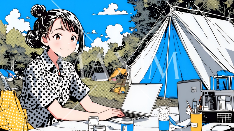 ワーケーション：休暇を楽しみながら仕事をしている女性