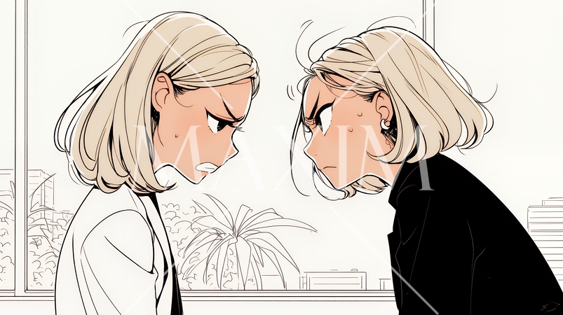 オフィスで言い争いをしているビジネスパーソン（シンプルな色使い）