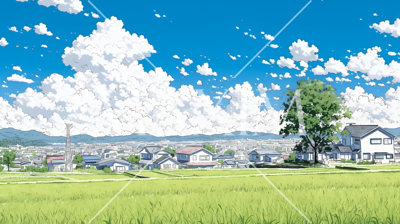 郊外の田園風景と夏空と入道雲