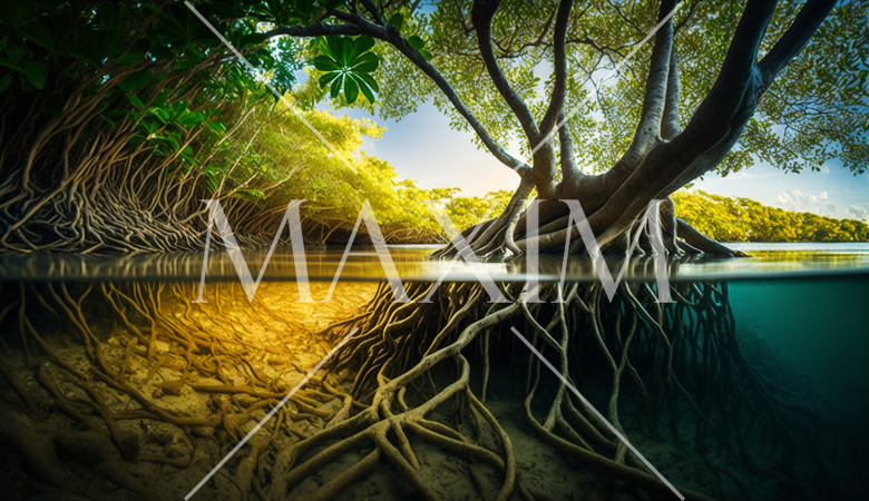 水中から見たマングローブの水彩画