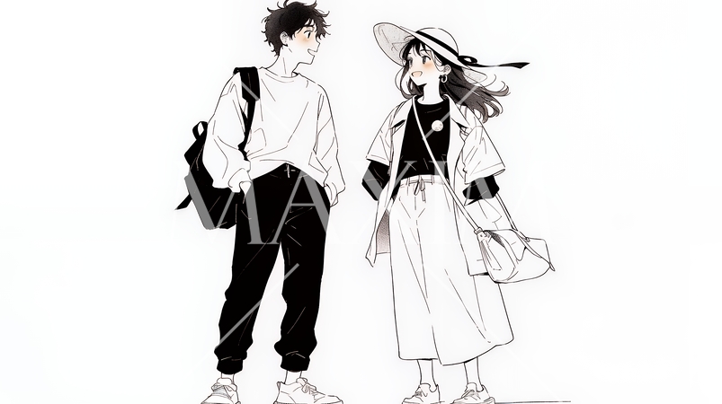 希望に満ちたライフスタイルを過ごす若いカップル：未来を見つめている（シンプルな色使い）