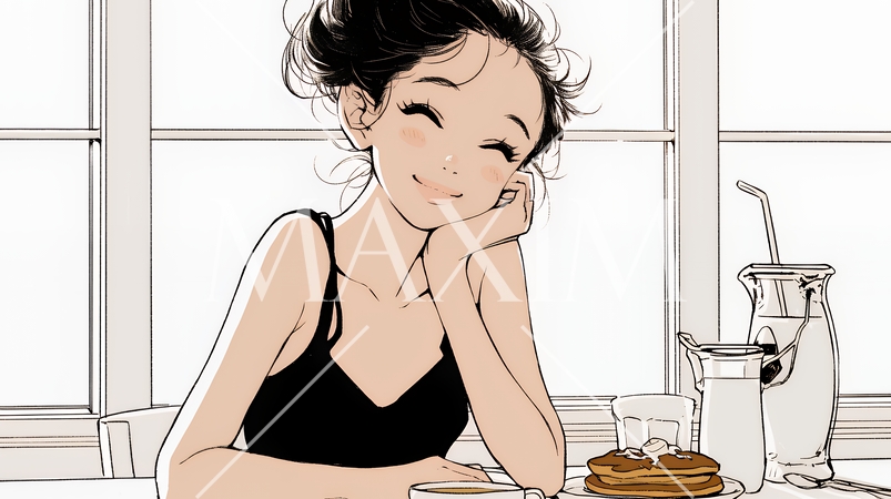 早朝のダイナー（喫茶店）でパンケーキ（モーニングセット）を食べる若い女性（シンプルな色使い）