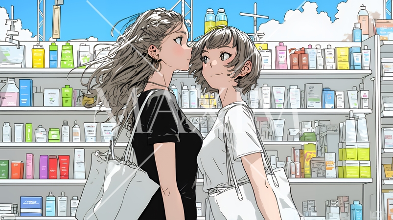 ドラッグストアでコスメを選ぶ若い女性