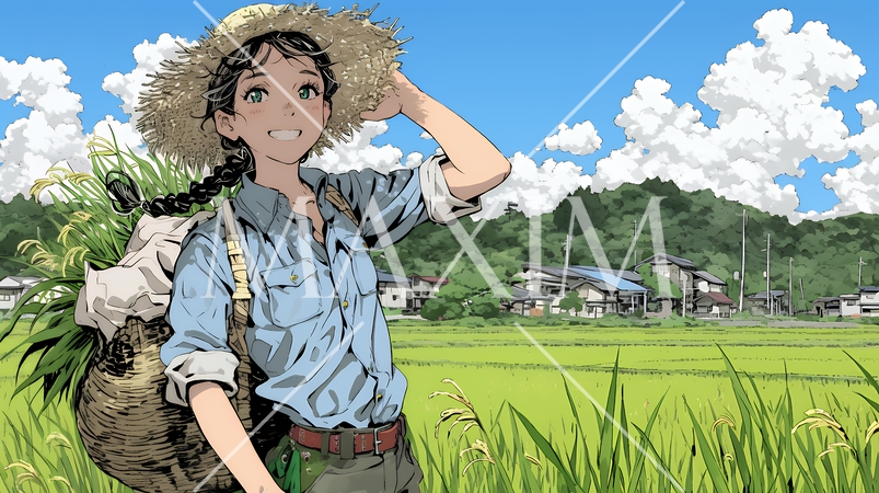 田んぼで農作業をしている女性