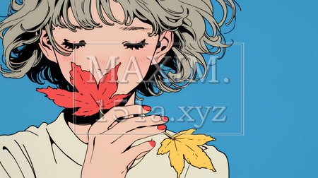 落ち葉をつまんで眺める若い女性｜秋を感じる女性のイラスト（イラストID:3066928-20498）