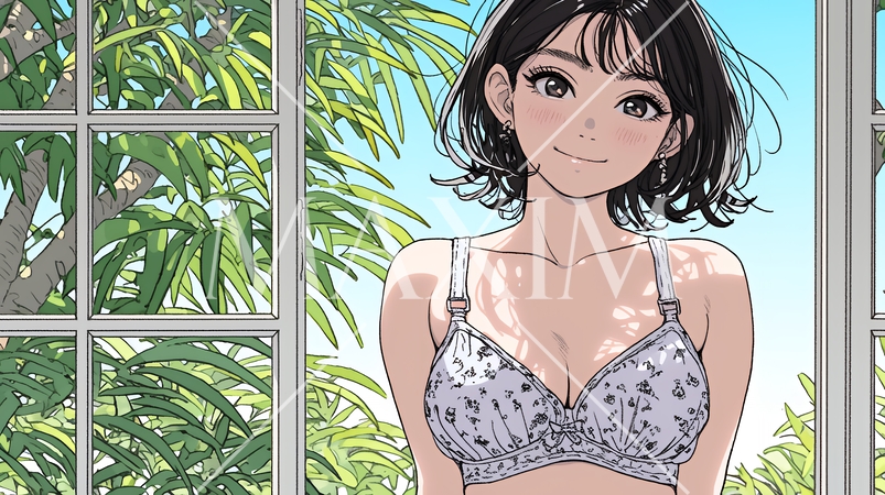 トロピカルな窓辺に立つ下着姿の若い女性