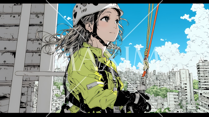 高所で作業をしている女性作業員