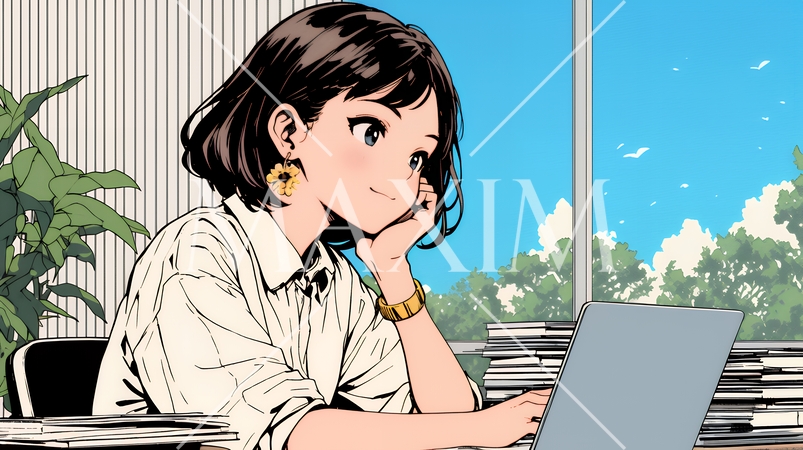 ワーケーション：休暇を楽しみながら仕事をしている女性