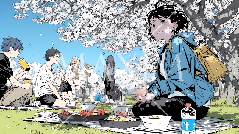 満開の桜の下で仲間たちと花見宴会