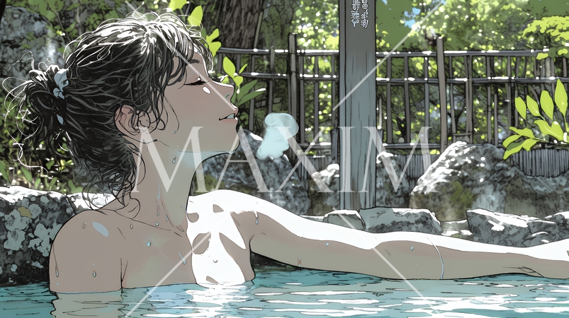 露天風呂に浸かっている若い女性