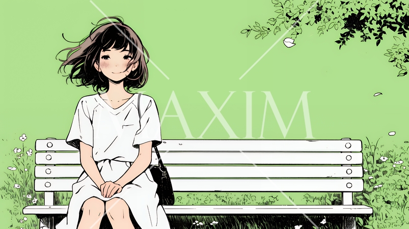 公園のベンチでひとり静かにくつろぐ若い女性（シンプルな色使い）