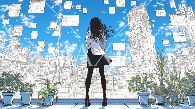 高層ビル群を見下ろすキャリア女性