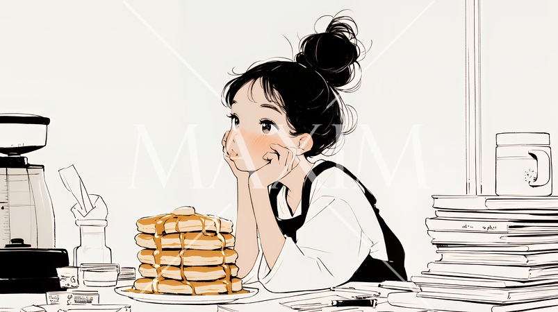 早朝のダイナー（喫茶店）でパンケーキ（モーニングセット）を食べる若い女性（シンプルな色使い）