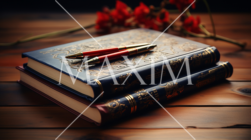 机の上にある革装丁の本