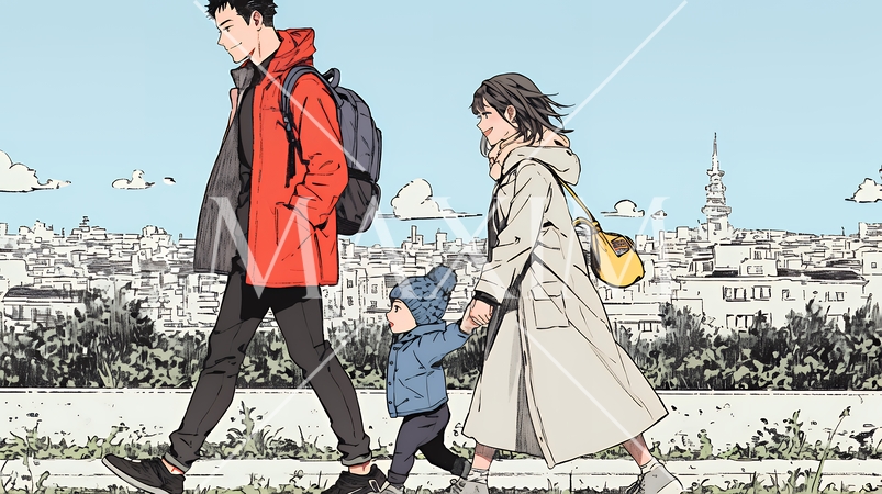 仲の良い家族：父親、母親、その子どもが仲良く連れ立って歩いている