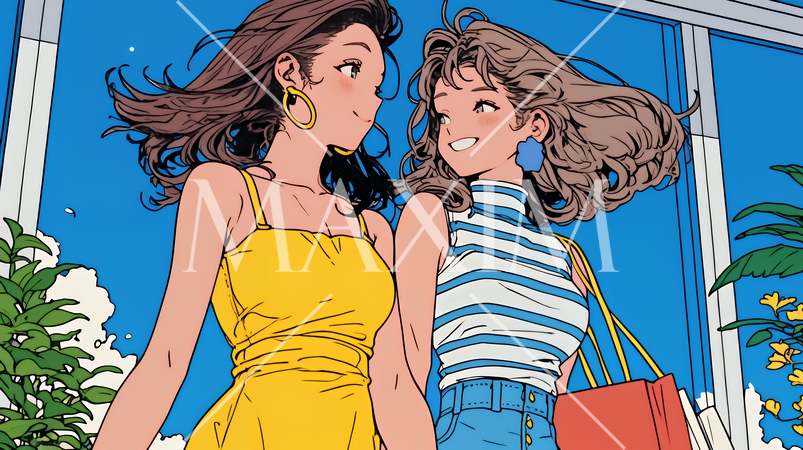 女友達と一緒にショッピングモールを歩き回る若い女性