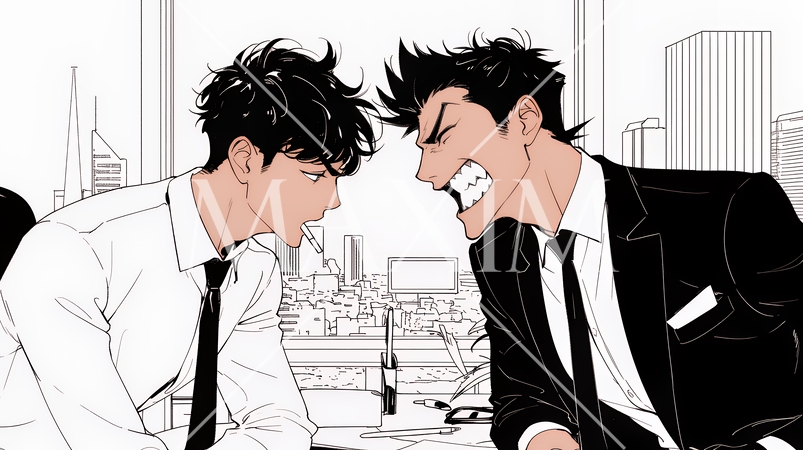 オフィスで言い争いをしているビジネスパーソン（シンプルな色使い）