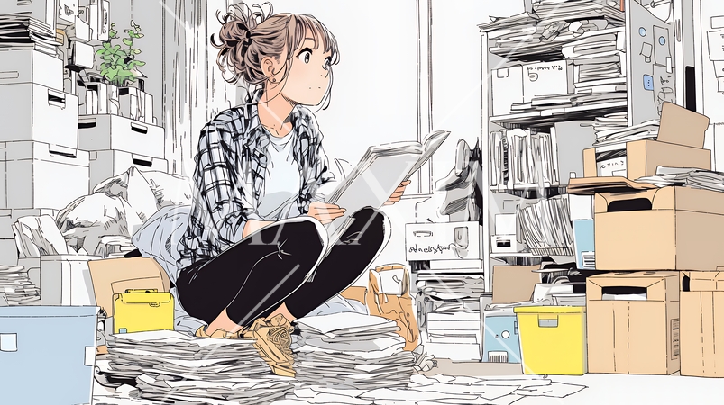 家の中（事務所）を大々的に整理している女性：断捨離