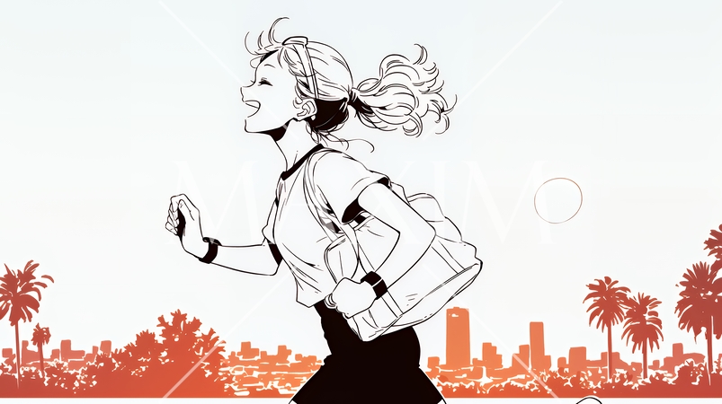 夕方の街並みを背景にジョギングをする若い女性（シンプルな色使い）