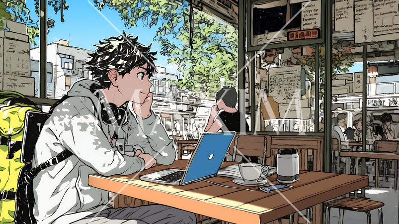 カフェでフリーランスや学生が仕事や勉強をしている